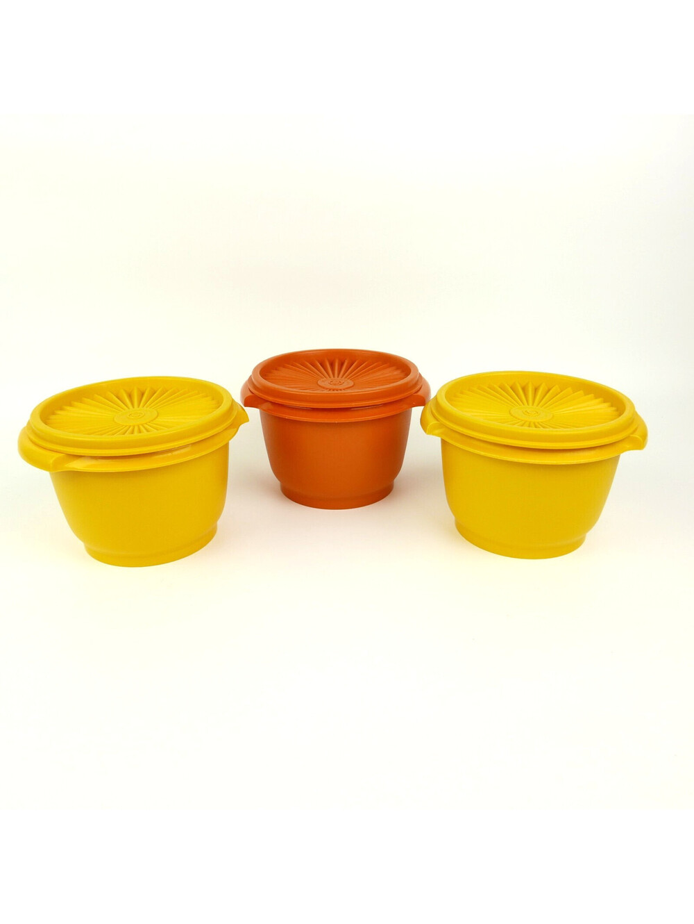 Vintage Tupperware Servalier Bowls 886 Harvest Orange Yellow Sunburst Lids Lot 3